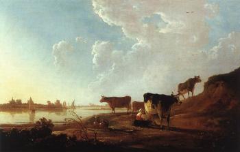 Aelbert Cuyp : River Scene With Milking Woman